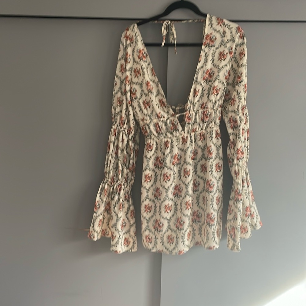 WeWoreWhat Cream Floral Bell Sleeve Mini Dress